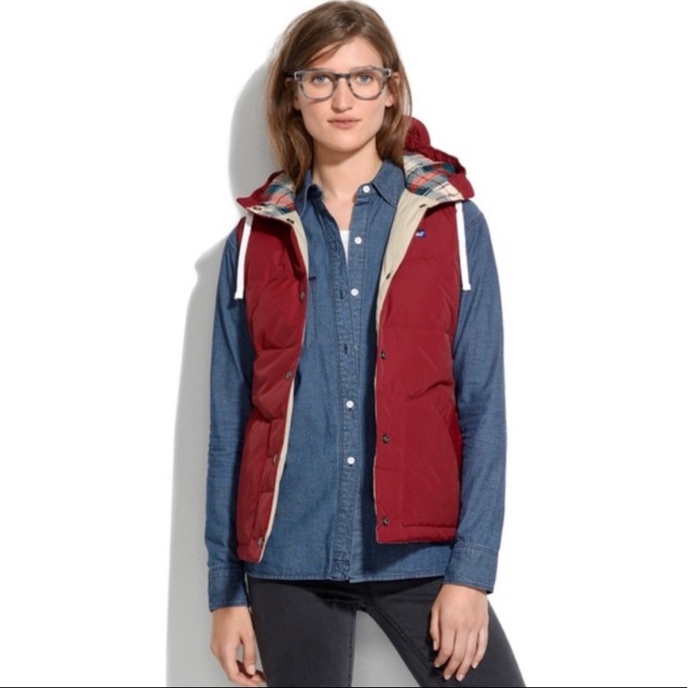 Penfield x Madewell Plaid Lucedale Down Puffer Hooded Vest - Red Size Small